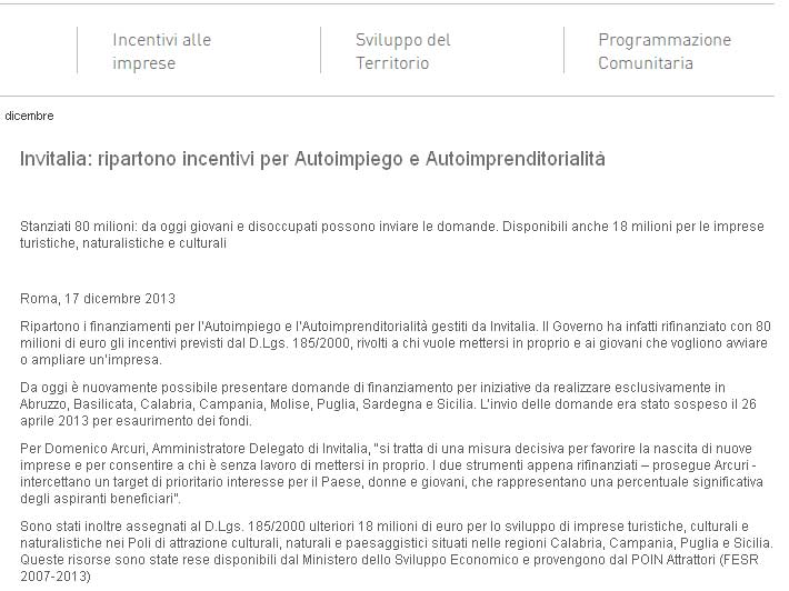 invitalia finanziamento fondo perduto 2013 2014 nuovi fondi